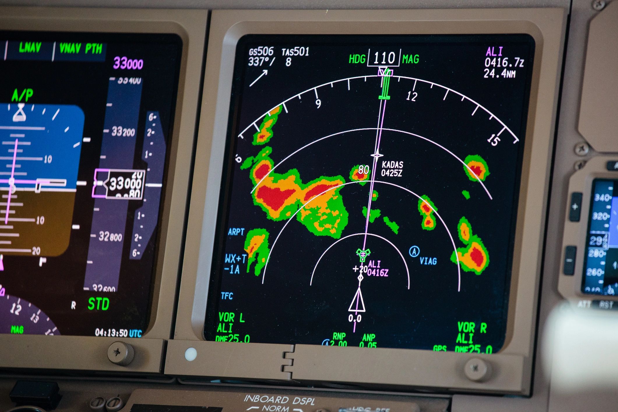 Weather radar display showing thunderstorms