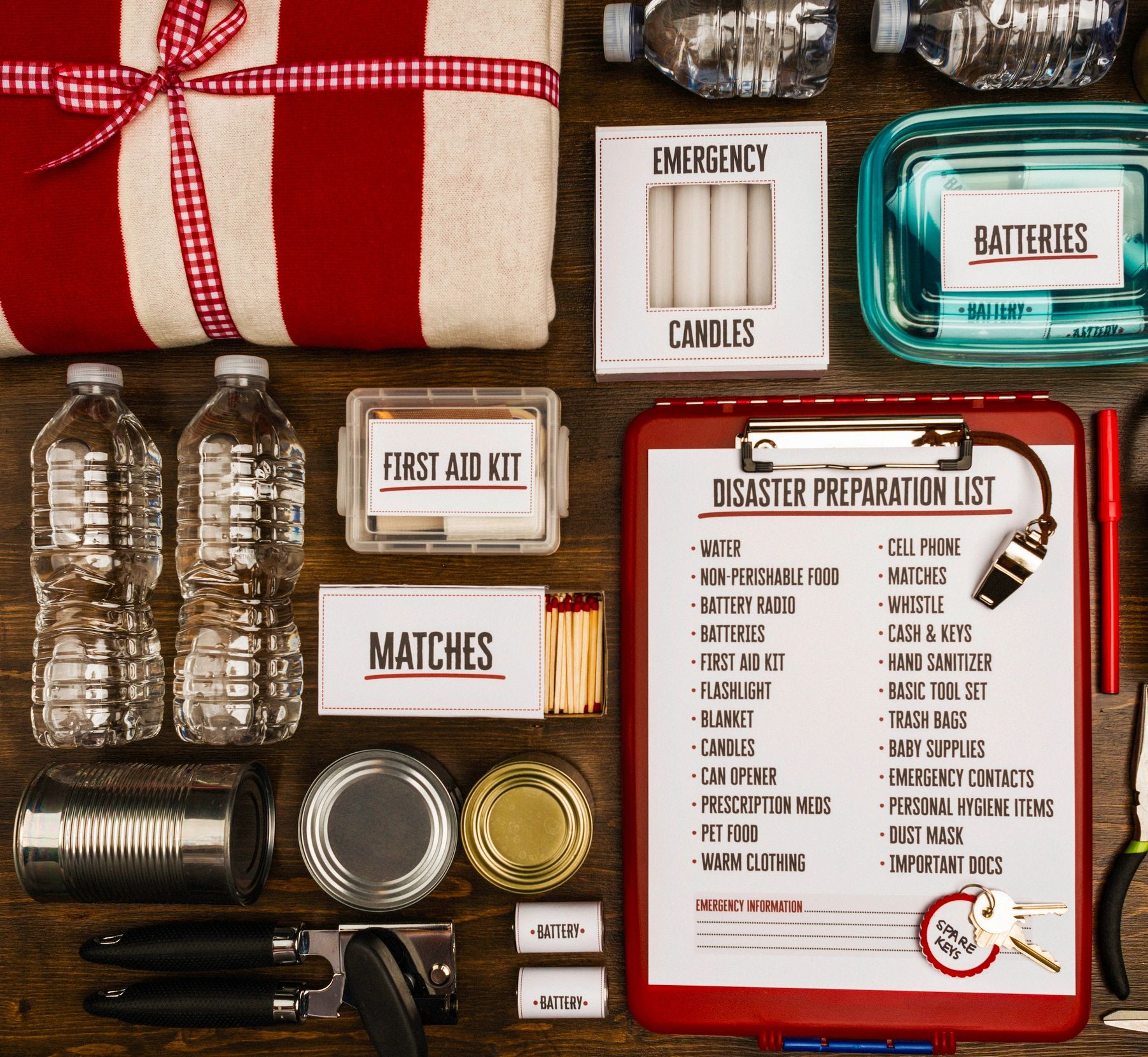 Emergency preparedness items laid out on a table